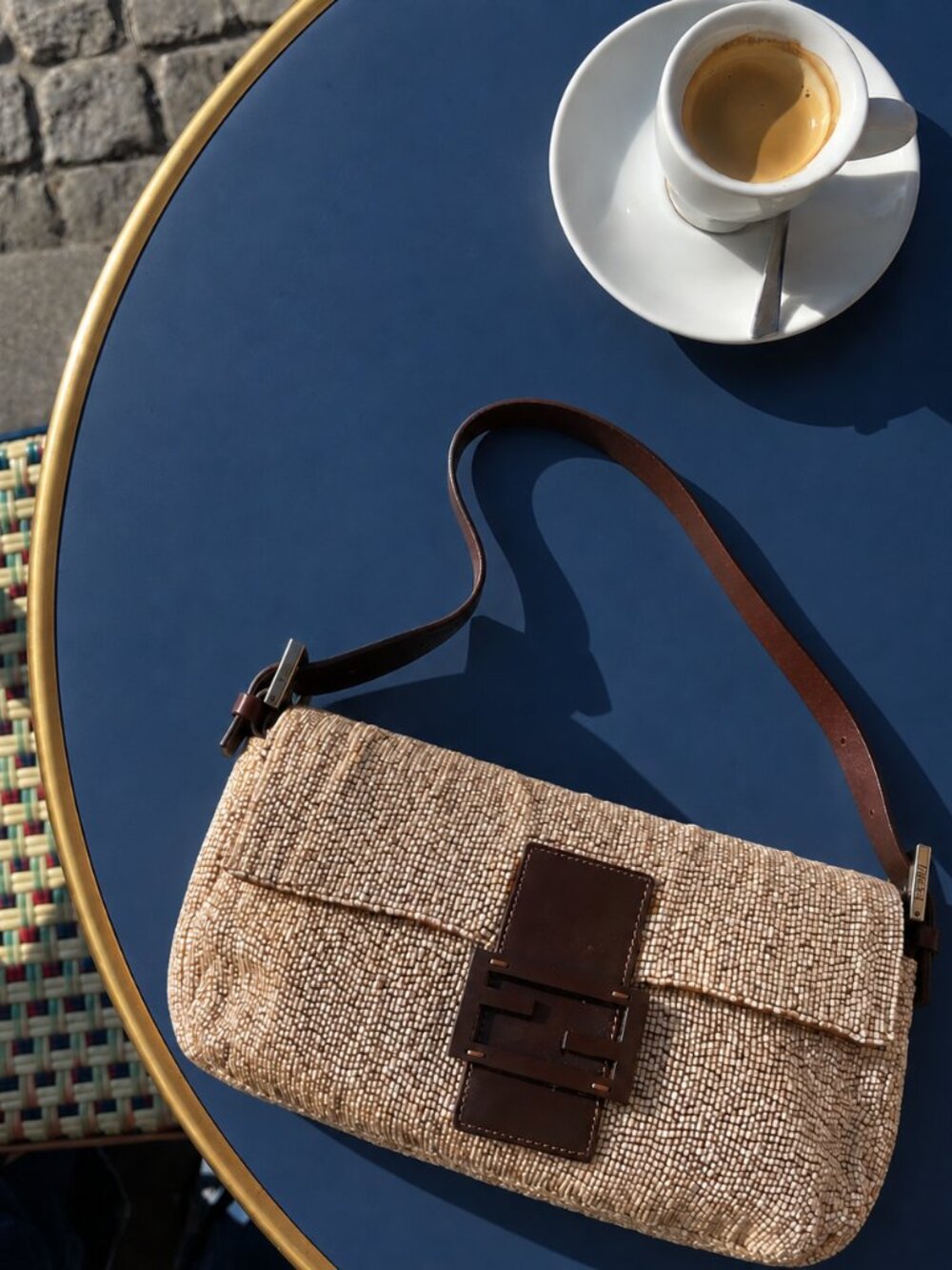 Fendi Baguette Beige and Brown Beaded Leather SHW